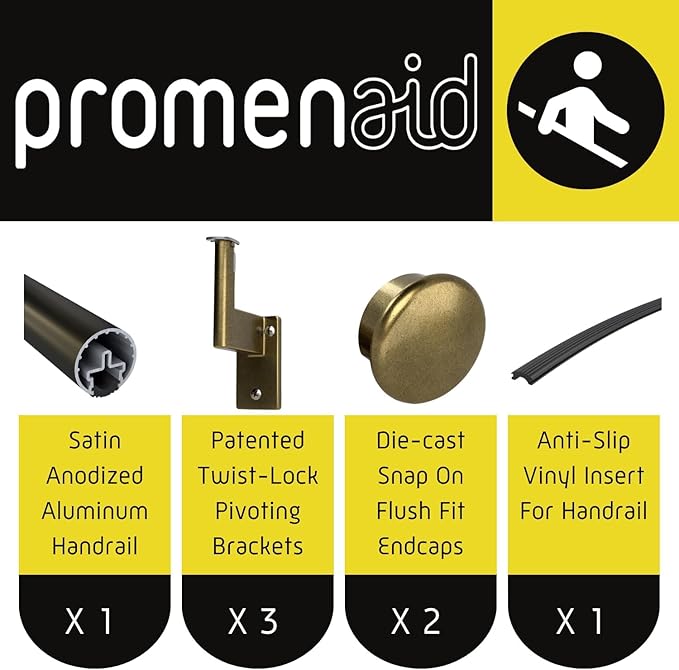Promenaid 7ft Flush Handrail Kit - Architectural Bronze - Complete Indoor/Outdoor Handrail for Stairs - 1.6" Round Anodized Aluminum Railing with 3 Antique Brass Pivoting Wall Brackets & Flush Endcap