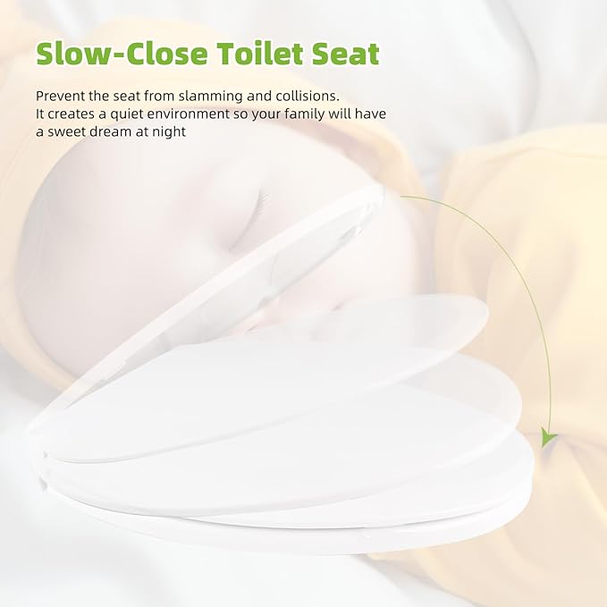 Toilet Seat Elongated with Slow Close Hinges Compatible with TOTO/Kohler/Gerber/American Standard, Universal Oval Fit, Four Bumpers Never Loosen, Two Sets Toilet Bolts and Nuts, Cotton White