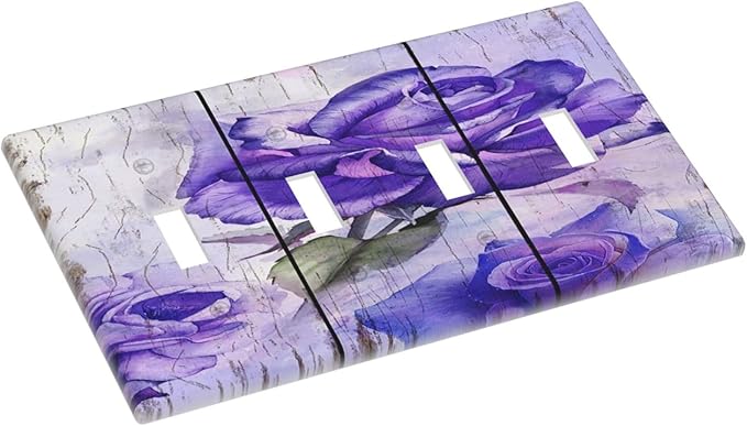 Light Switch Cover Purple Rose Flower Rustic Wood Plank 4 Gang Switch Plate Quad Toggle Wall Plates Decorative Switchplate Electrical Outlet Cover Plates for Farmhouse Bathroom Decor