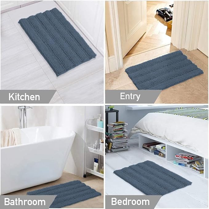 Turquoize Chenille Bathroom Rugs Non-Slip Bath Mats for Bathroom Super Absorbent Shaggy Rugs for Tub Shower Toilet Plush Bath Rug Plus U Shaped Rug (Standard: 20" x 32" and 20" x 20" U), Blue Indigo