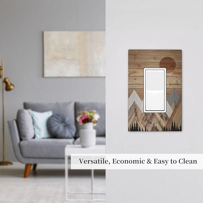 Wooden Planks Mosaic Snow Mountain Sun Decorative Outlet Covers 1 Gang Single Rocker Light Switch Cover Plate Wall Plates GFCI Faceplate for Farmhouse Home Decor