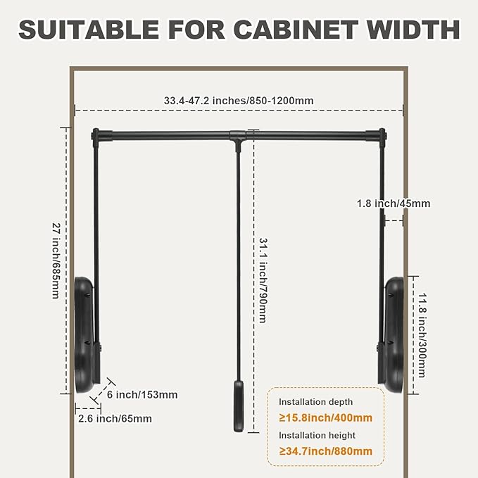 YJINGRUI Pull Down Closet Rod, 120° Pull-down Wardrobe Hanger with Lift Damping System, 55lb Adjustable Clothing Rack for Cloakroom/Bedroom/Balcony (33.4"-45.3")
