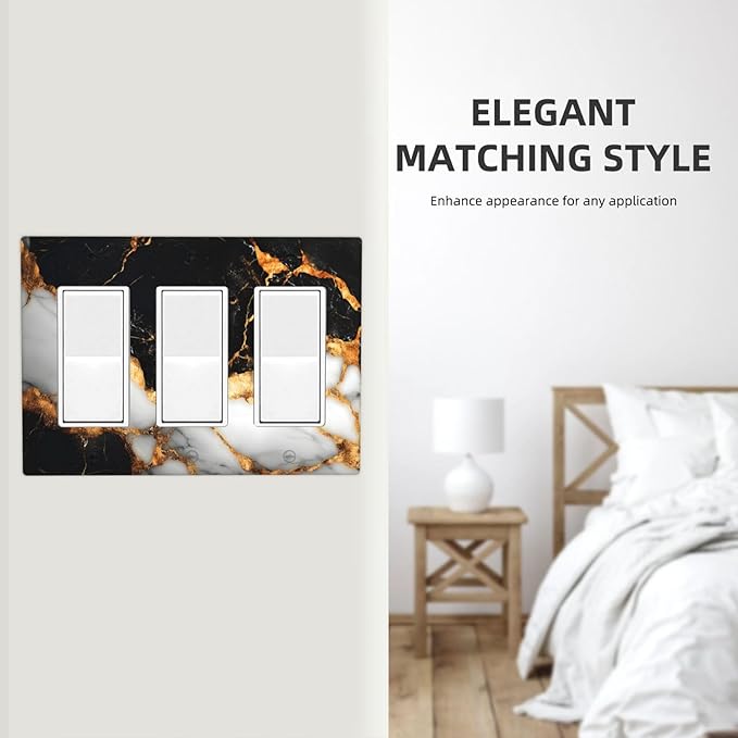 Decorative Outlet Covers Black Gold Marble 3 Gang Gfci Wall Plate Triple Rocker Light Switch Cover Plate Switch Plate Covers for Country Bathroom Bedroom Decor