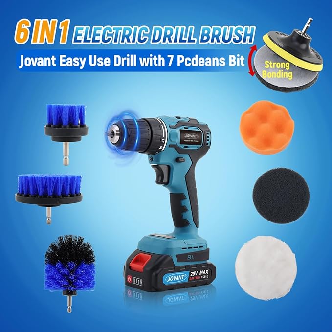 Cordless Power Drill Cleaning Tools Long Handle Scrub Brush for Surface Cleaning of Car Floors and Windows with 1*Max 20V Battery 2.4A Charger 1*Telescopic Rod 1*5MM Drill Bit 7*Pcs Drill Brush
