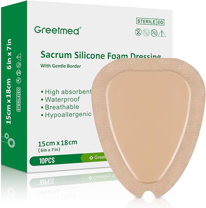 Sacrum Foam Dressing with Border Silicone Adhesive 6"x7" Waterproof Sacral Wound Dressing, High Absorbent Pads Breathable Bed Sore Pressure Wound Care Bandages 10 Packs