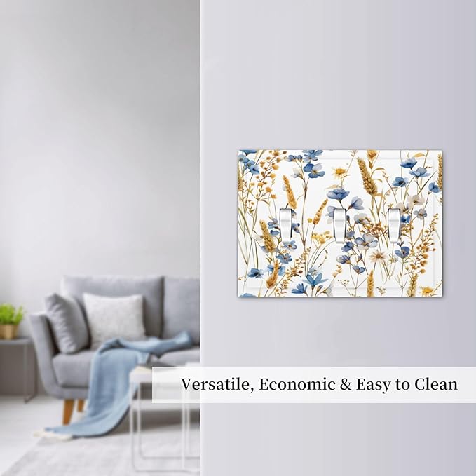 Vintage Wildflower Blue Gold Country Fall Wheat Floral Decorative Switch Plates 3 Gang Wall Plate Triple Toggle Light Switch Cover Faceplate Electrical Wall Panels for Bedroom Living Room Decor