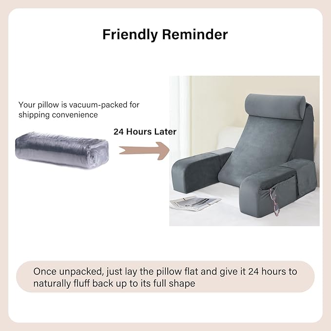 ENITYA Reading Pillow with Arms for Bed Support, 21" Large Back Support Pillow for Sitting up, Wedge Pillow for Reclining, Watching TV, Reading, Gaming, Resting in Bed, Couch or Floor, Grey