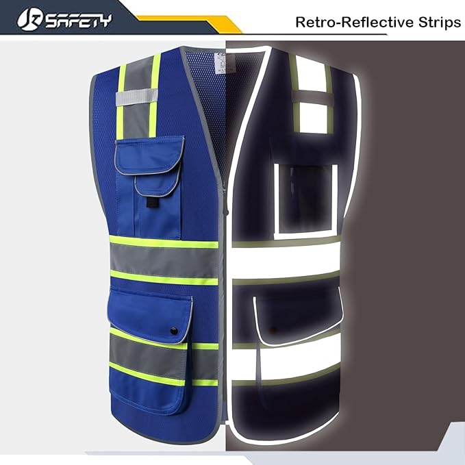 JKSafety 9 Pockets High Visibility Zipper Front MESH Blue Safety Vest | Blue with Dual Tone High Reflective Strips | ANSI/ISEA Standards (100-Blue, XL)