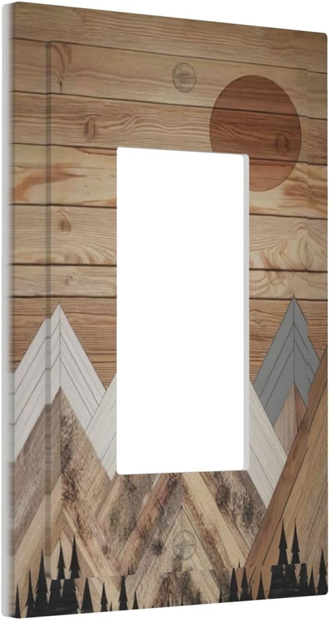 Wooden Planks Mosaic Snow Mountain Sun Decorative Outlet Covers 1 Gang Single Rocker Light Switch Cover Plate Wall Plates GFCI Faceplate for Farmhouse Home Decor