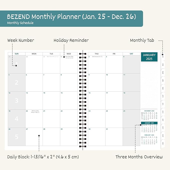 BEZEND Monthly Planner 2025-2026, Large Size, 2 Year Monthly Calendar 8.5" x 11" - 120 GSM Thick Paper - Spiral Planner with Pockets, Tabs, Calendar with Note Sections, Pen Loop, Softcover - Sky Blue