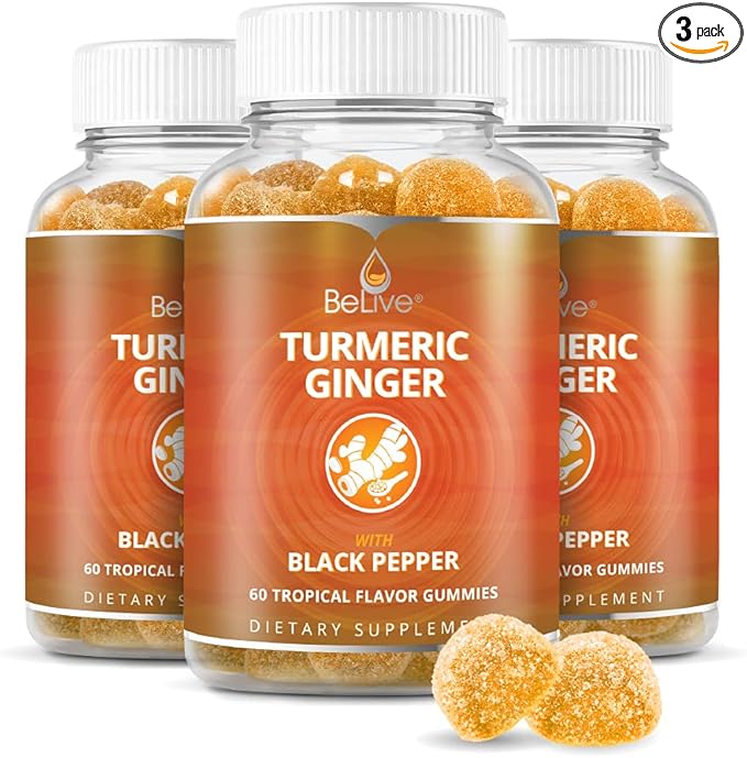 BeLive Turmeric Curcumin with Black Pepper & Ginger - 500 mg of Turmeric and Ginger Supplement for Immune Support, Healthy Skin, and Joint Health - Tropical Flavor | 3-Pack