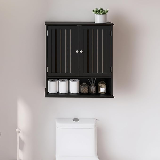 Over The Toilet Bathroom Wall Cabinet with 2 Doors & Open Shelf – Space Saving Medicine Cabinet, Wooden Wall Mounted Storage Cupboard for Bathroom Organization Black