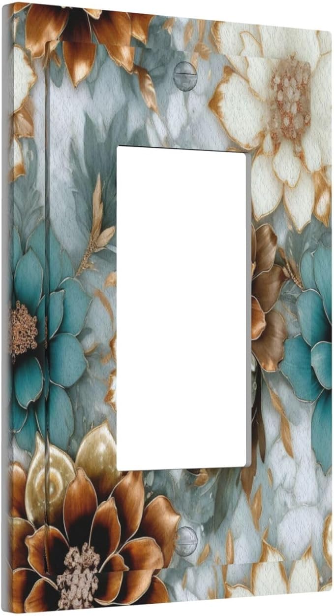 Vintage Marble Floral Gold/Green/White Metal Flowers Outlet Covers Single Rocker Light Switch Covers Decorative 1 Gang Gfci Wall Plate Electrical Receptacle Switchplate Plug Faceplate Bathroom