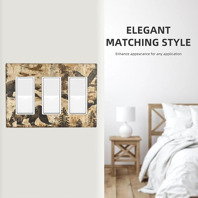 Light Switch Covers Vintage Cabin Wildlife Animal Bear Eagle Forest 3 Gang Rocker Electrical GFCI Decorative Triple Outlet Wall Plate Cover Switchplate for Farmhouse Bedroom Decor