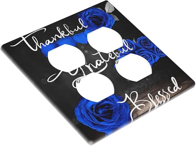 Decorative Light Switch Cover Plate Blue Rose Thankful Grateful Blessed 2 Gang Socket Covers Double Duplex Wallplates Switch Plates and Outlet Covers for Bedroom Bathroom Decor