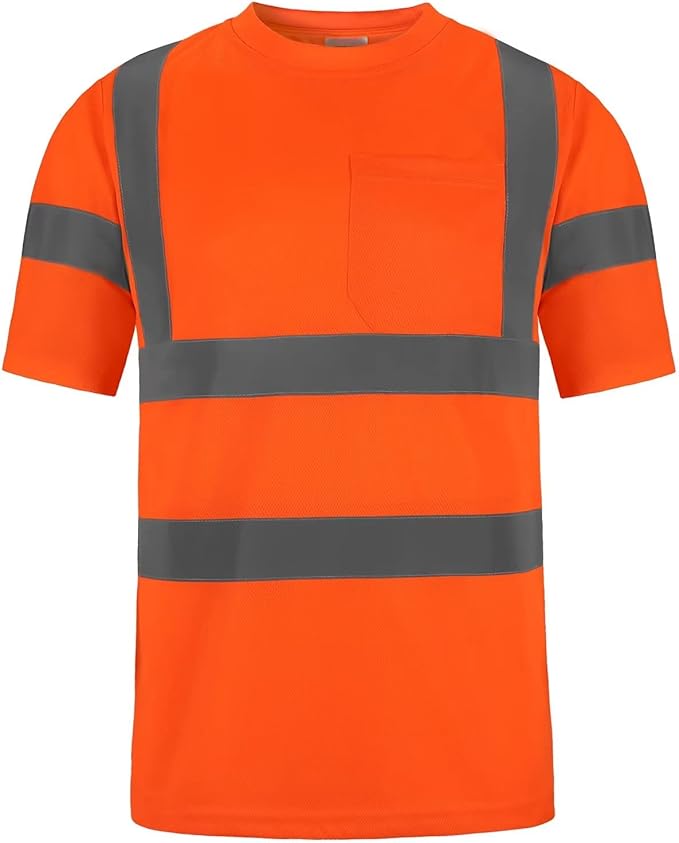 High Visibility Class 3 T Shirts，Hi Vis Safety Shirts with Reflective Strips and Pocket, Short Sleeve Quick Dry Mesh Construction Work Shirt for Men/Women Orange,4XL
