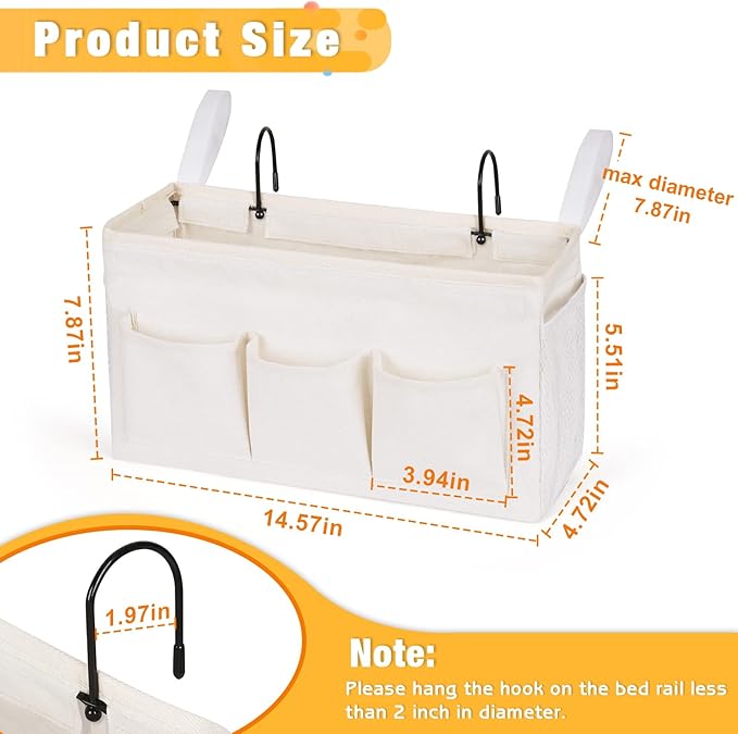 Bedside Caddy Storage Organizer with Fixed Straps and Water Bottle Holder for Home, College, Dorm, Bunk/Hospital/Crib Bed Rails, White