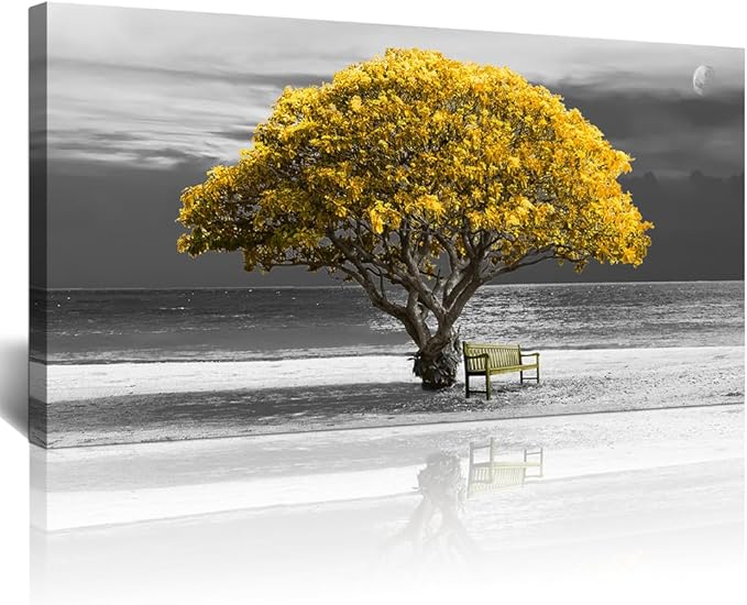 Wall Art For Living Room Decorations Photo Prints - Panoramic Black And White With Yellow Trees The Moon Scenery - Modern Home Decor The Room Stretched And Framed Ready To Hang Artwork 24x48inches