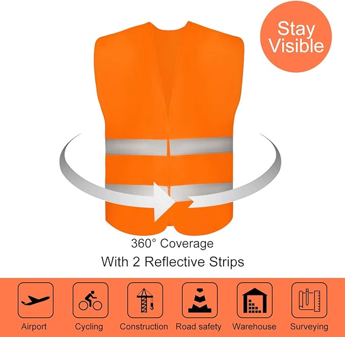 DUSKCOVE 10 Pack High Visibility Safety Vests with 2 Hi Vis Reflective Strips for Men and Women - Neon Orange Construction Vests for Traffic Work, Running, Surveyor and Security Guard