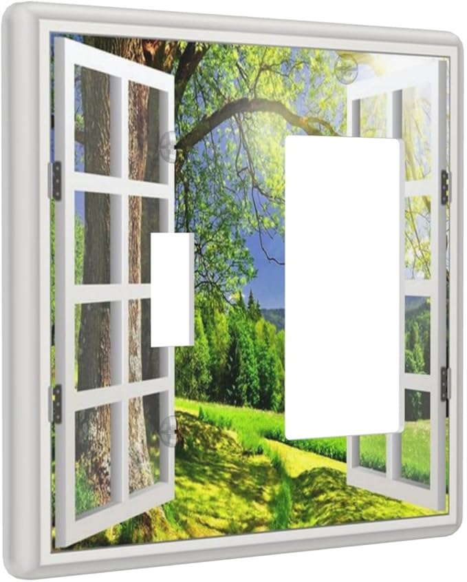 Light Switch Cover Window View Green Rustic Nature Wilderness 2 Gang Toggle Rocker Combo Wall Plates Decorative Switch Plates and Outlet Covers Receptacle Cover for Bathroom Bedroom Decor