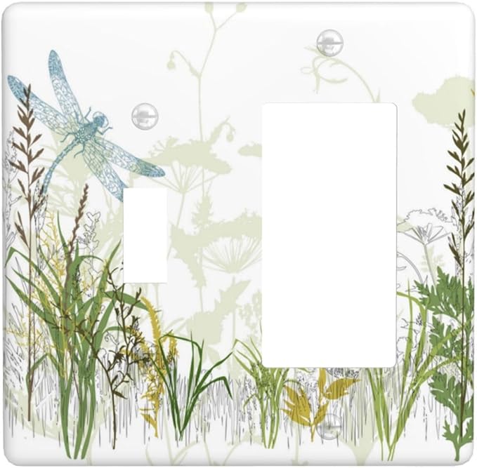 Wild Flower Dragonfly 2 Gang Toggle Rocker Light Switch Cover Plates Decorative Electric Outlet Covers Decorator Wall Switch Plate Receptacle Plug Covers 4.5 * 4.5 Inches