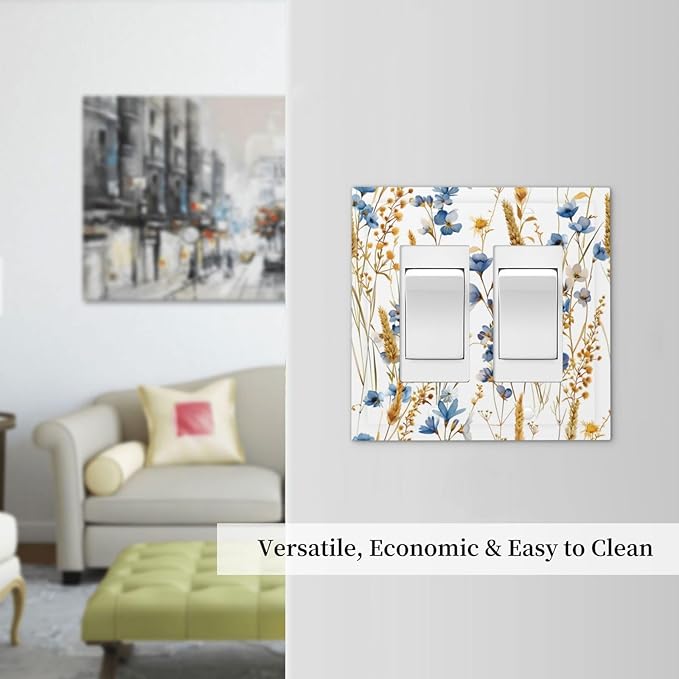Vintage Wildflower Blue Gold Country Fall Wheat Floral Decorative Outlet Covers 2 Gang Double GFCI Rocker Electrical Wall Panels Light Switch Cover Plate for Bedroom Living Room Decor