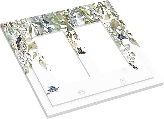 Green Leaf Eucalyptus Leaves Floral Bird Butterfly Decorative Outlet Covers 2 Gang Double GFCI Rocker Electrical Wall Panels Light Switch Cover Plate for Bed Room Living Room Decor