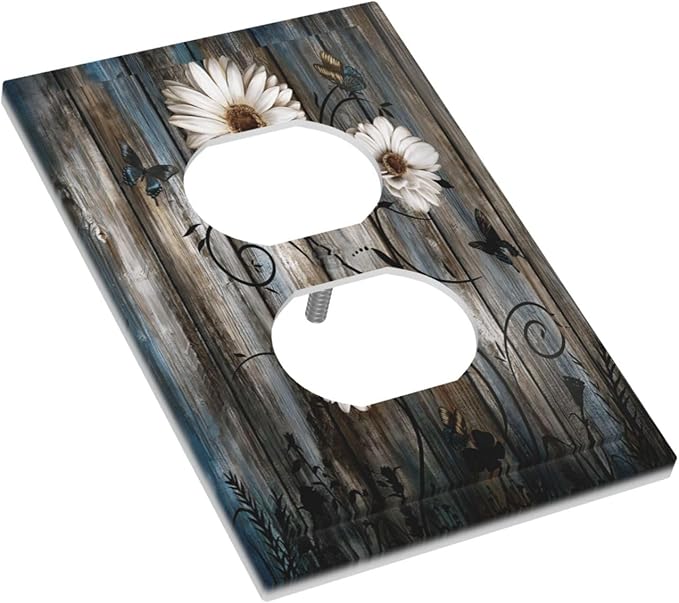 Rustic Wood Background Floral Butterfly Daisy Outlet Covers 1 Gang Duplex Light Switch Cover Decorative Switch Plates Electrical Receptacle Faceplate Wall Plate for Farmhouse Bedroom Decor