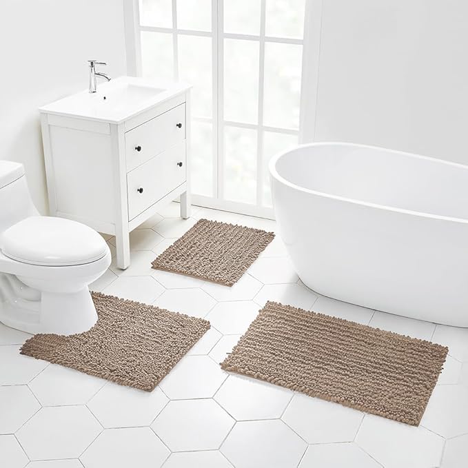 Walensee Bathroom Rug Non Slip Bath Mat (32x20 Inch Taupe) Water Absorbent Super Soft Shaggy Chenille Machine Washable Dry Extra Thick Perfect Absorbant Best Large Plush Carpet for Shower Floor