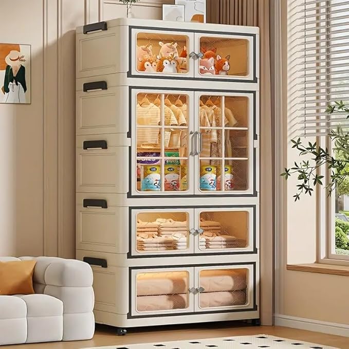 SunSettler Collapsible Plastic Storage Bins with Lid, Stackable Cabinets with Wheels, Folding Storage Cabinets, Stackable Closet Organizers for Home and Office Dorm Organizer Essential