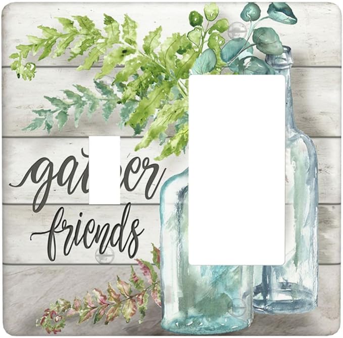 Light Switch Cover Watercolor Modern Flower 2 Gang Toggle Rocker Combo Wall Plates Floral Plant Wood Decorative Switch Plates and Outlet Covers Receptacle Cover for Farmhouse Bathroom Decor