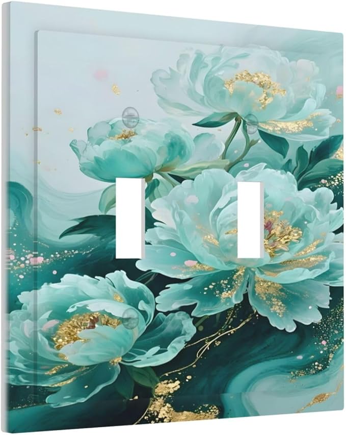 Decorative Light Switch Cover Plate Gold Green Floral Gilt Marble Flower 2 Gang Switch Plate Covers Double Toggle Wall Plate Dual Device Faceplate for Bathroom Decor