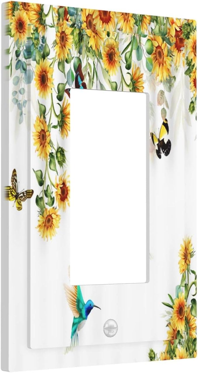 Yellow Sunflower Blue Hummingbird Butterfly Single Rocker Light Switch Cover Rustic Farmhouse Floral Plant 1 Gang Outlet Cover Decorative Gfci Electrical Wall Plate Dimmer Switchplate for Home