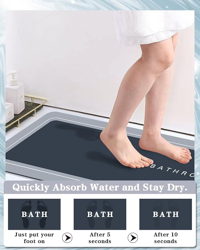 Bath Mat Rug, Rubber Non-Slip Quick Dry Bathroom Rugs, Super Absorbent Bath Mat, Thin Floor Shower Mat Fit Under Door, Bath Rug for Bathtub, Shower and Sink (17"x59", Blue)