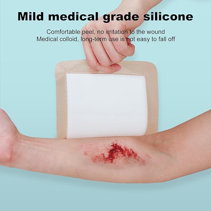 Silicone Foam Dressing 6x6 Gentle Border, Super Absorbent Wound Dressing, Bed Sore Patches, Waterproof Silicone Bandages for Wounds Care, Self Adhesive Pressure Sore Pads (10)