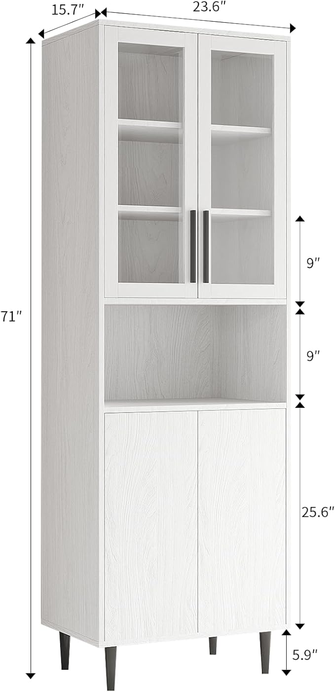 TUSY 70.9“ H Bookshelf with Glass Doors, 5-Tier Display Curio Cabinet with Drawers, Narrow Display Bookcase for Home, Office, Clinic, Pantry (White, A)