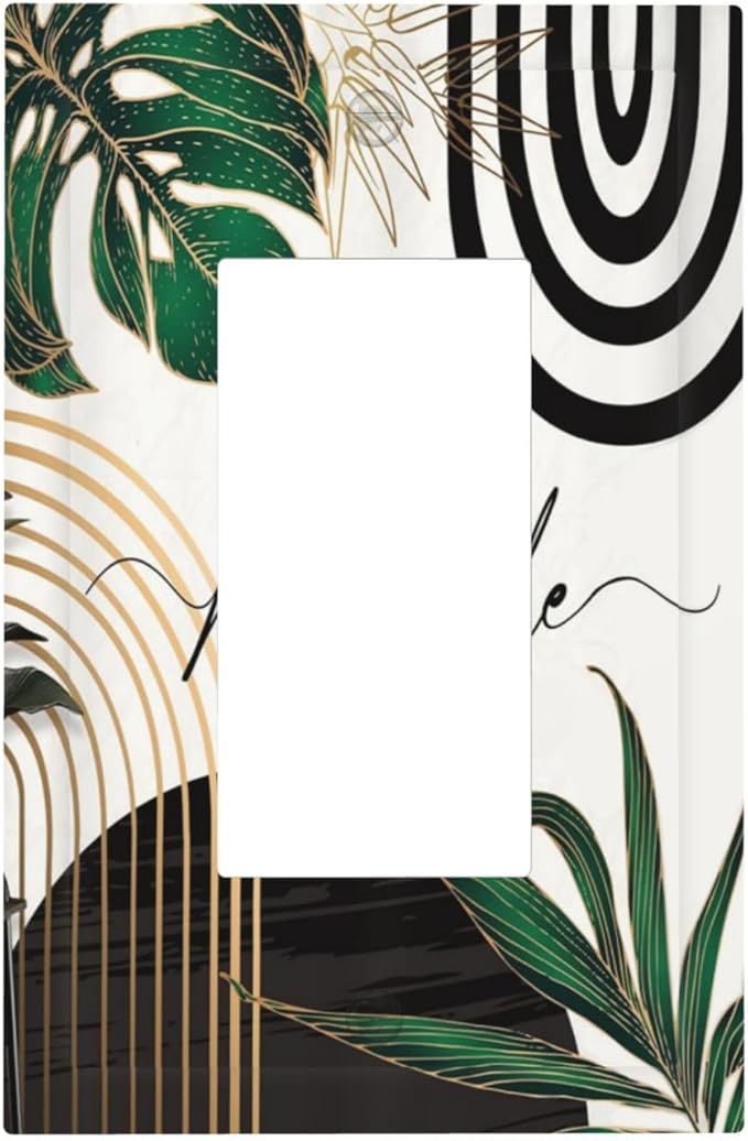 Boho Abstract Tropical Green Palm Leaf Mid Century Decorative Outlet Covers 1 Gang Single Rocker Light Switch Cover Plate Wall Plates GFCI Faceplate for Office Home Decor