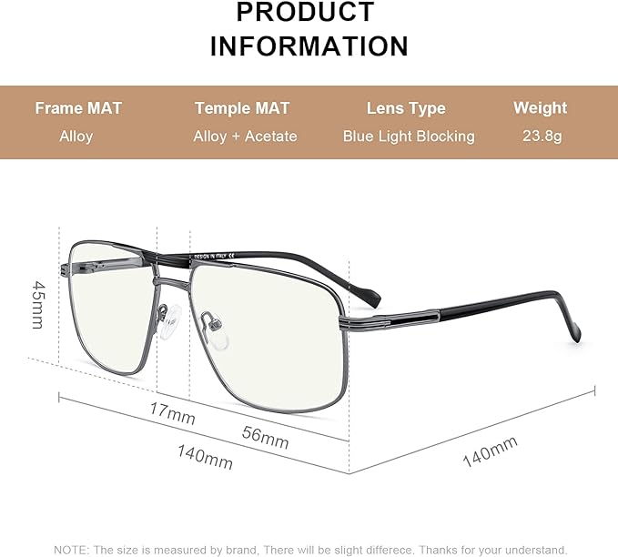 Reading Glasses for Men Square Double Bridge Blue Light Blocking Computer Readers