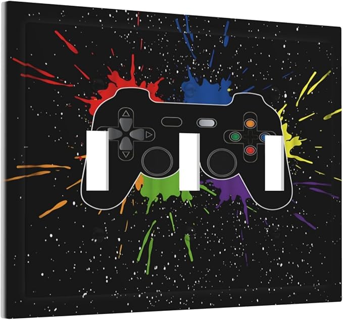 Classic Videogames Controller Black Splash Ink Colorful Decorative Switch Plates 3 Gang Wall Plate Triple Toggle Light Switch Cover Faceplate Electrical Wall Panels for Kids Room Nursery Decor
