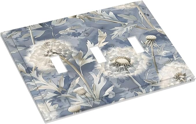 Blue Dandelion Vintage Floral Boho Flower Decorative Switch Plates 3 Gang Wall Plate Triple Toggle Light Switch Cover Faceplate Electrical Wall Panels for Bedroom Living Room Home Decor