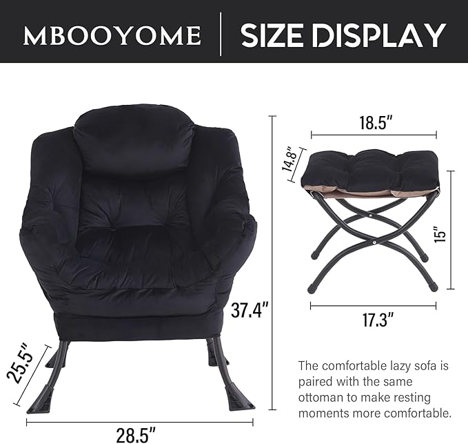 Lazy Chair with Folding Ottoman, Modern Accent Lounge Armchair with Armrests, a Side Pocket & Foldable Footstool, Leisure Reading Chair for Living Room, Bedroom, Dorm & Office, Velvet Black