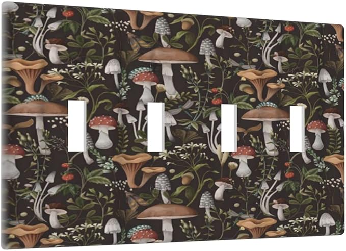 Funky Retro Vintage 70s 60s Boho Hippie Mushroom Quad Toggle Light Switch Covers Decorative 4 Gang Wall Plate Bohemian Floral Leaf 4 Hole Electrical Device Switchplates Faceplate for Bathroom