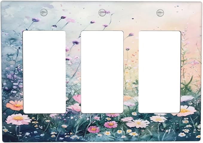 Decorative Outlet Covers Pink Floral Wildflower Green Plants 3 Gang Gfci Wall Plate Triple Rocker Light Switch Cover Plate Switch Plate Covers for Bathroom Decor