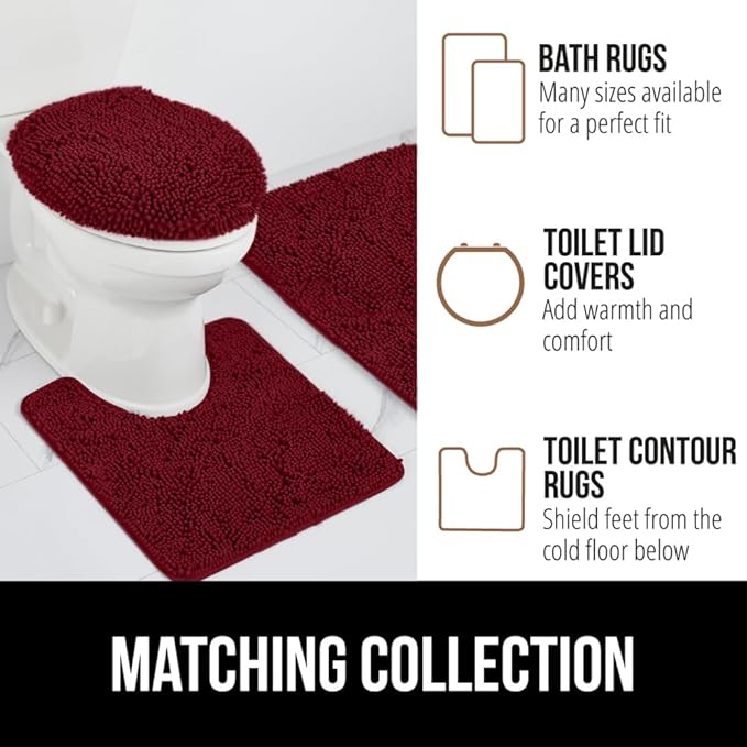 GORILLA GRIP Bathroom Rug Sets 3 Piece, Bath Mat Set and Oval Toilet Base with Rubber Backing, Plush Absorbent Shaggy Chenille Washable Mats, Includes 24x19.5, 24x17 and 30x20 Inch Rugs, Burgundy