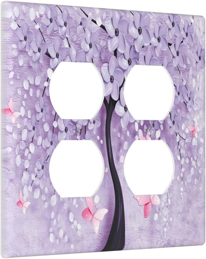 Decorative Light Switch Cover Plate 3d Purple Tree 2 Gang Socket Covers Double Duplex Wallplates Switch Plates and Outlet Covers for Bedroom Bathroom Decor
