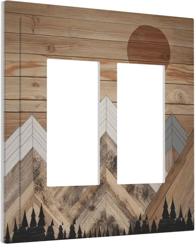 Wooden Planks Mosaic Snow Mountain Sun Decorative Outlet Covers 2 Gang Double GFCI Rocker Electrical Wall Panels Light Switch Cover Plate for Farmhouse Home Decor