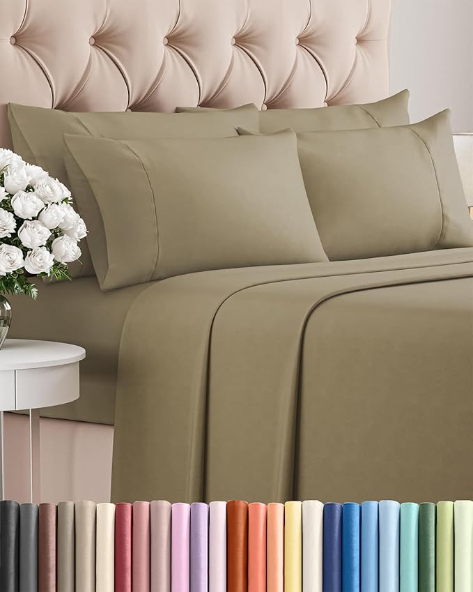 Cal King 6 Piece Sheet Set - Cooling & Breathable Bed Sheets - Hotel Luxury Bed Sheets for Women, Men, Kids & Teens - Bedding w/Deep Pockets & Easy Fit - Soft & Wrinkle Free - Cal King Khaki Sheets