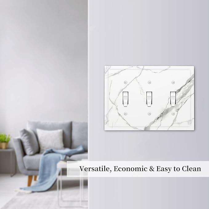 White Marble Abstract Luxurious Print Decorative Switch Plates 3 Gang Wall Plate Triple Toggle Light Switch Cover Faceplate Electrical Wall Panels for Bathroom Kitchen Home Decor