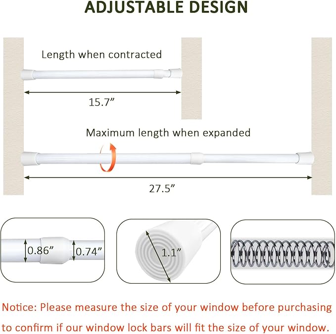 Sliding Door Security Bar, Window Security Bars Adjustable Sliding Door Lock Bars with Rubber Tips, Diameter 1.2" Window Safety Lock Bar Stopper (16''-28'', 1, Count)