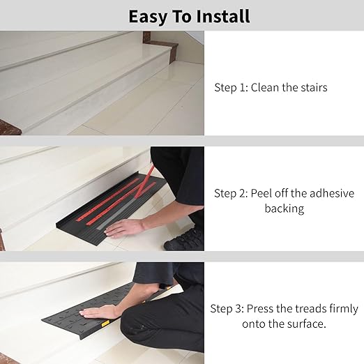 Heavy-Duty Slip-Resistant Stair Treads with Reflective Safety Strips - Universal Fit Rubber Mats for Indoor/Outdoor Stairs, Noise Reduction & Fall Prevention (10)